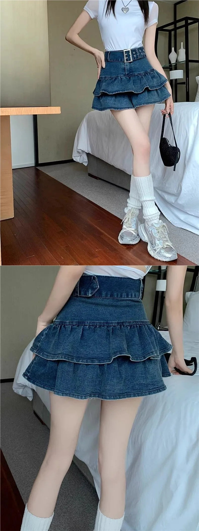 High Waist Short Denim Skirt Women's Summer Dopaamine Design Slimming A-Line Skirt with Lace Trim Super Short Casual Skirt