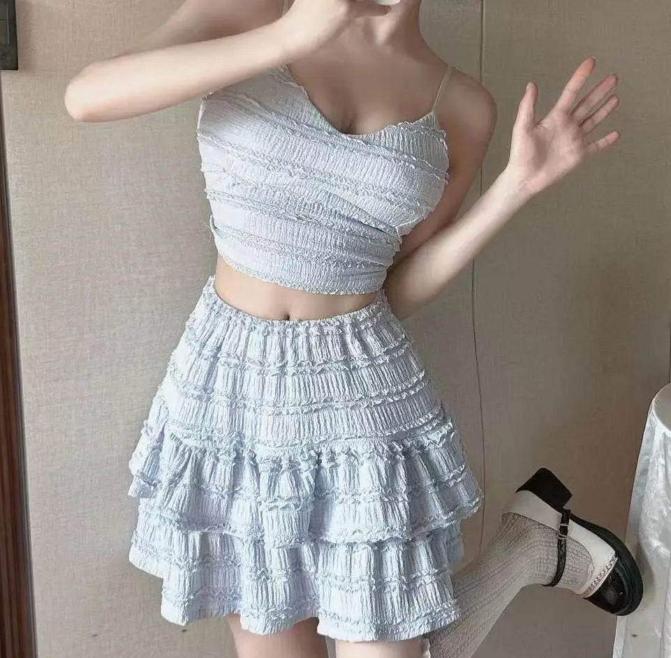 Ballet Style Puffy Short Skirt Women Summer Lace Crop Top Design Sensation Half Skirt Pure Desire Sweet And Spicy Set