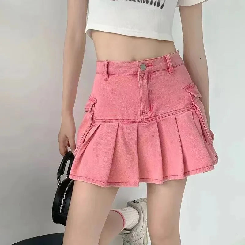 Harajuku Kawaii Plaid Mini Skirt pink Women Lolita Cosplay High Waist Heart Cute Pink A Line Pleated Tennis Short Skirts e girl