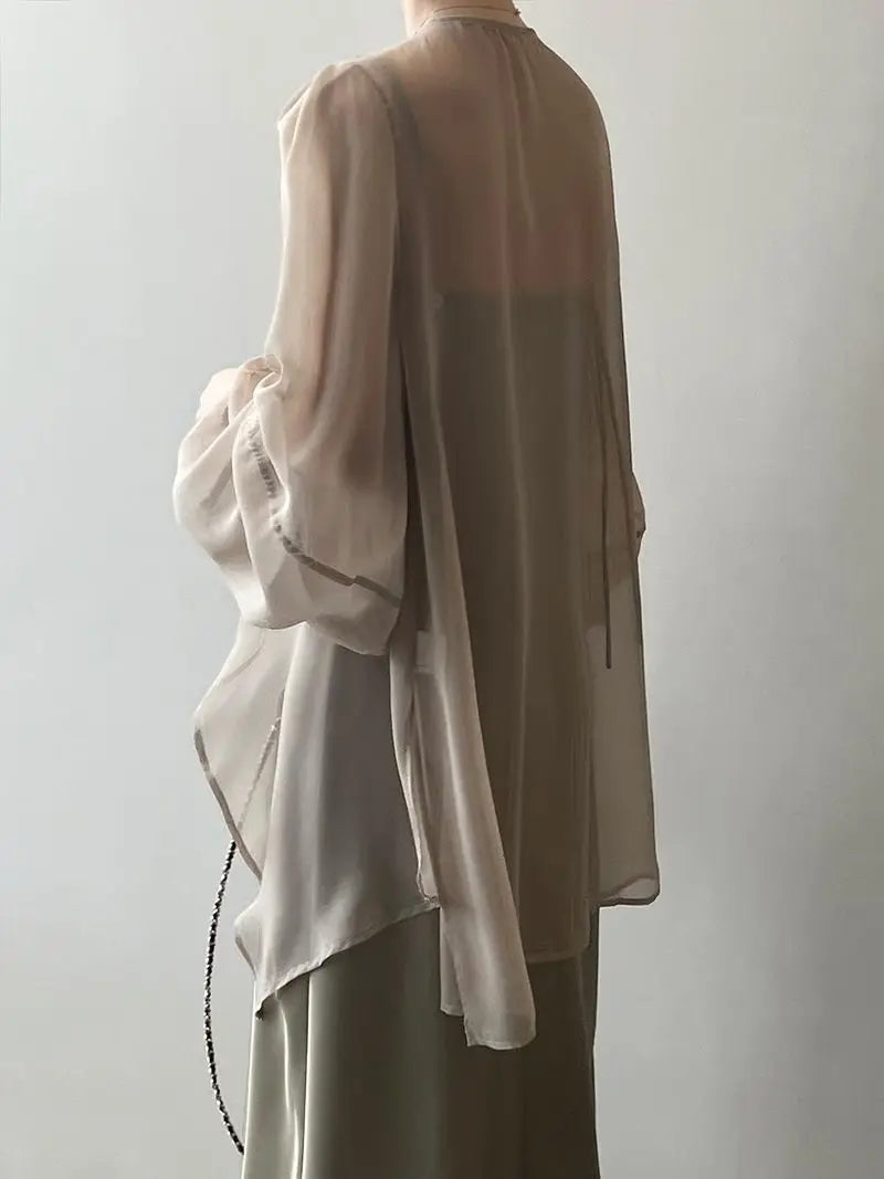 Shirts Women V-neck Loose Long Sleeve Open Stitch Korean Style Lace-up Simple Solid Summer Chiffon Breathable Minimalist Stylish
