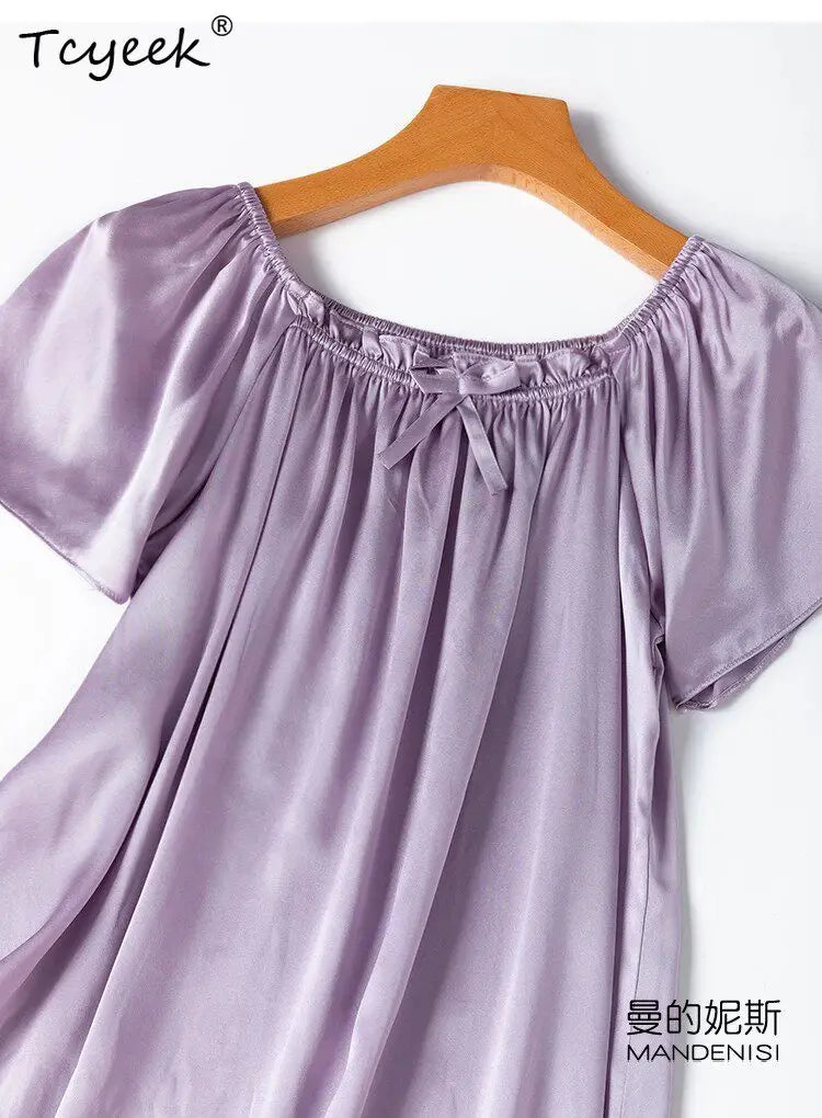 Tcyeek 21MM 100% Mulberry Silk Night Dress for Women Comfortable Sleepwear Women's Home Clothes Thin Purple Sommerkleid Damen