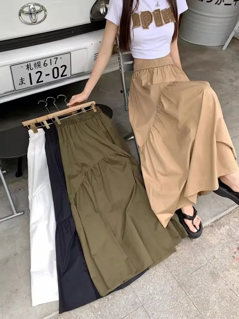 Elegant Women's Skirt Autumn New A-line Simple Fashion Solid Color Bustier Korean Pleated Splicing Elastic Waist Long Skirt