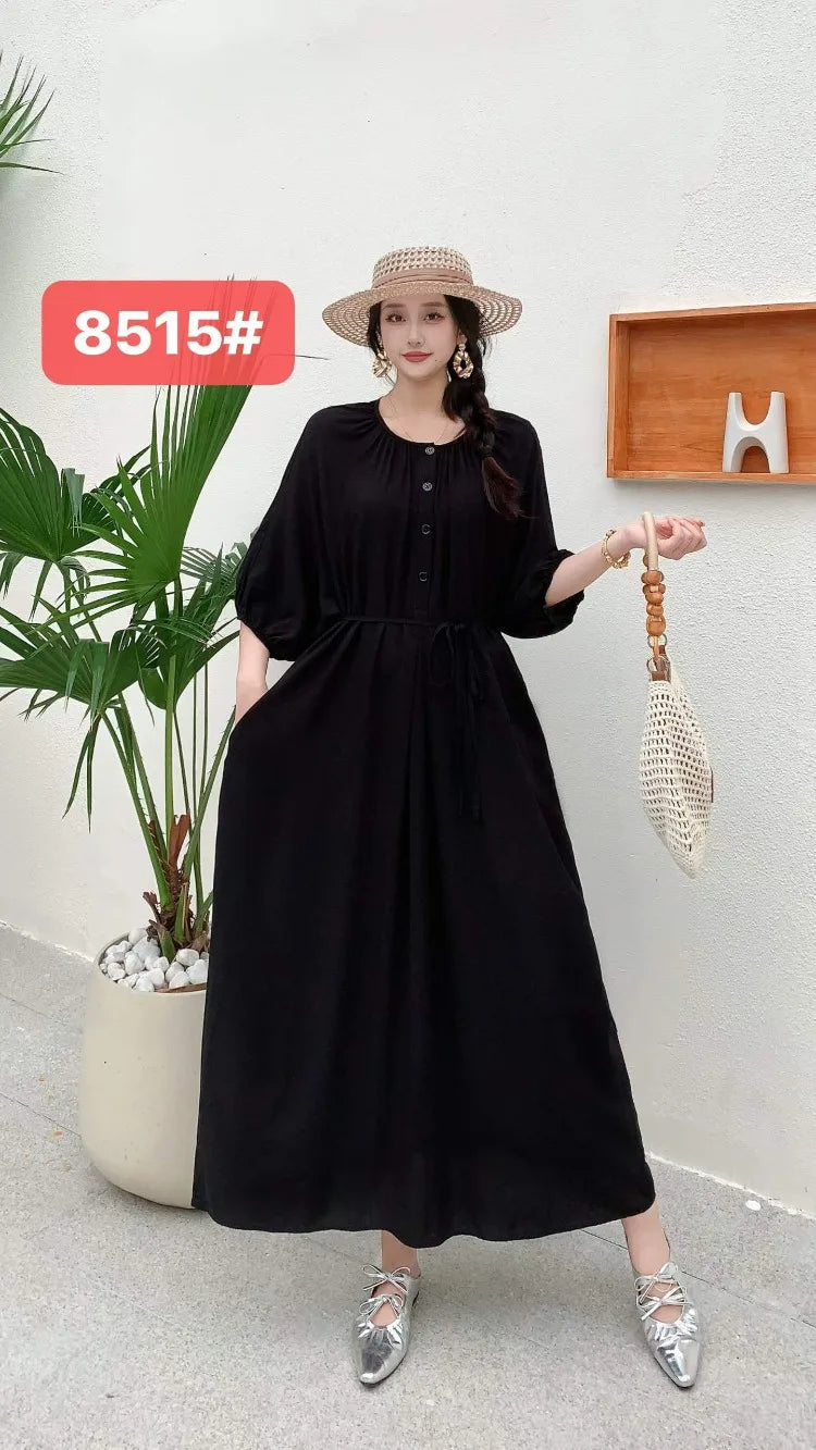 THHONE Summer Plus Size Dress Robe Solid Long Casual Loose Vintage Vestidos Para Mujer Oversized Dresses Half Sleeve Belt Pocket