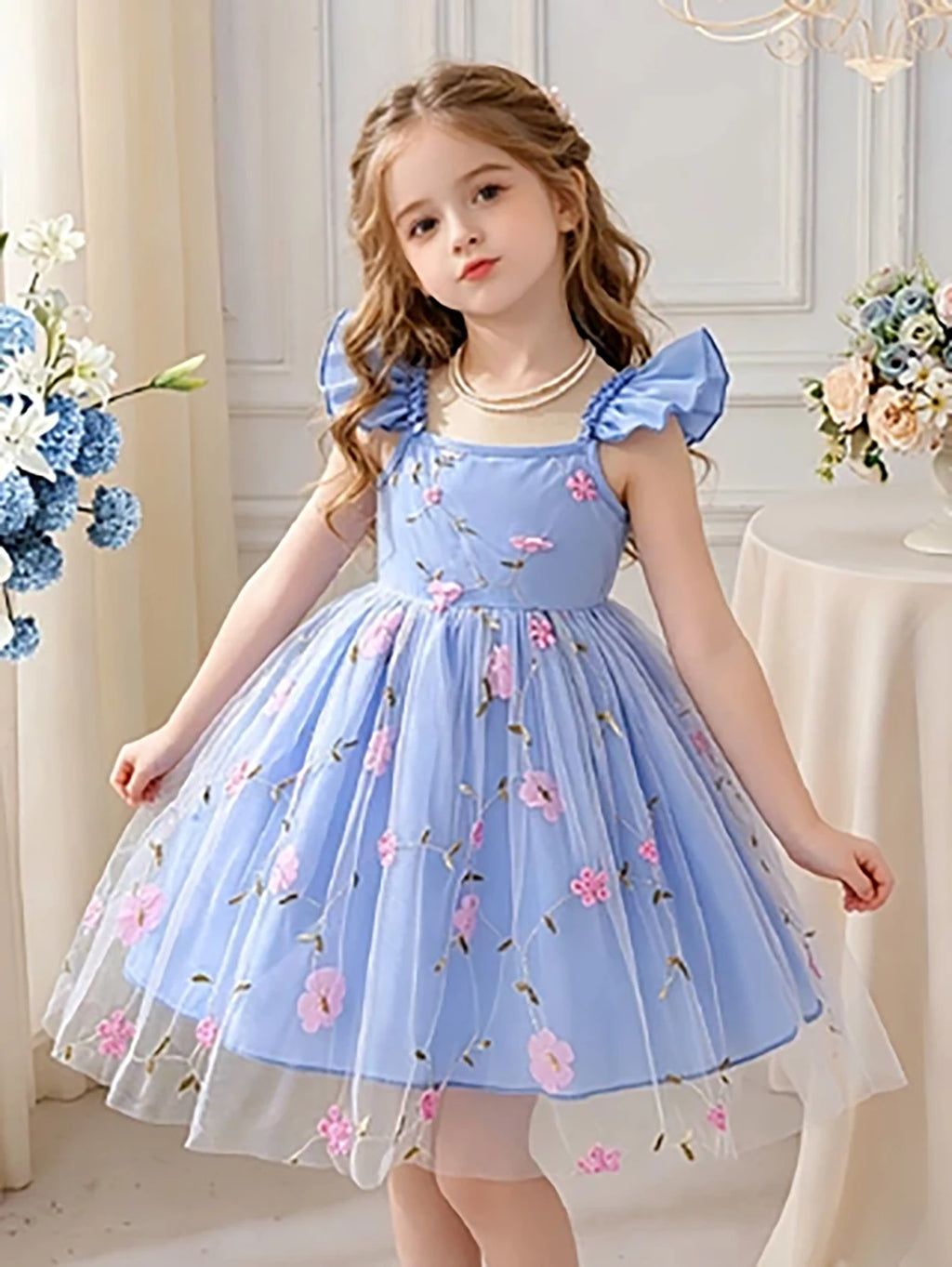 Girls' Blue & Pink Contrast Floral Tulle Princess Dress, Summer Flutter Sleeve Spaghetti Strap Puffy Skirt