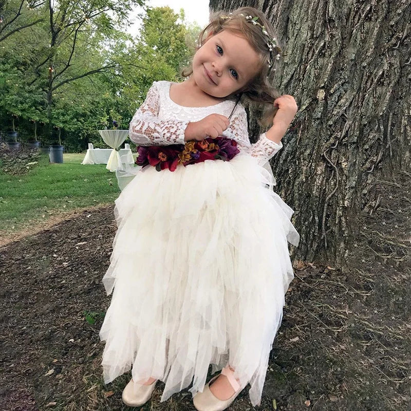 Princess Girls Festival Dress for 6m To 13 Years Old Elegant Flower Girl Vacation Layered Dress Lace Backless Evening Dresses