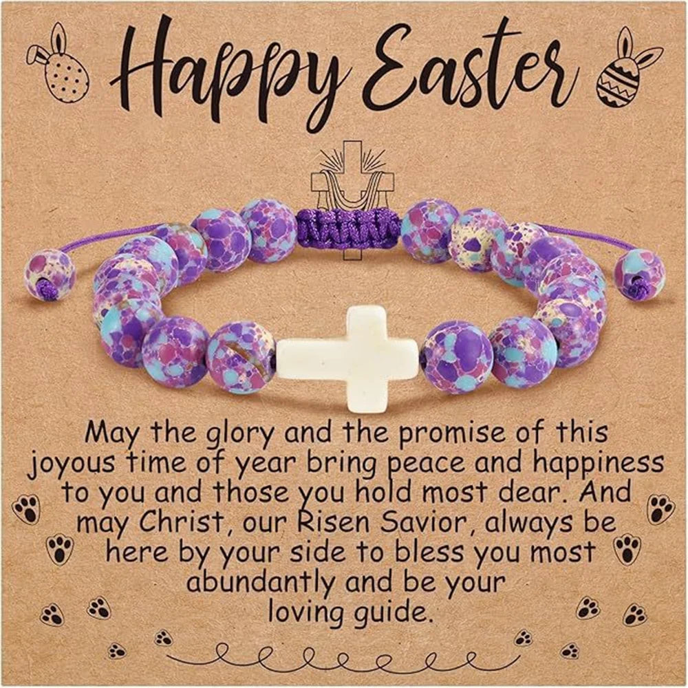 Cross Bracelet For Women'S Adjustable Christian Baptism Religious Natural Stone Beads Bracelet Jewelry For Daily Wear Easter