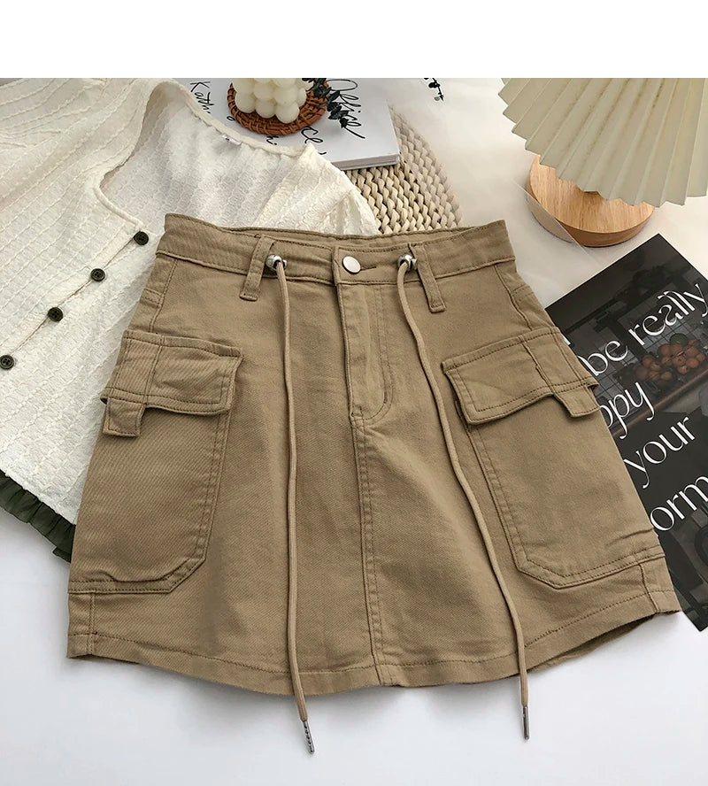 Retro High Waist Denim  Skirt Women's Spring Summer Autumn Casual Drawstring Anti-Light Short Skirt Polyester Fiber