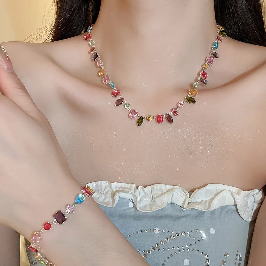 New Colorful Crystal Necklace Bracelet Chain For Women'S Elegant Clavicle Chain Irregular Zircon Necklace Jewelry Sets Gifts