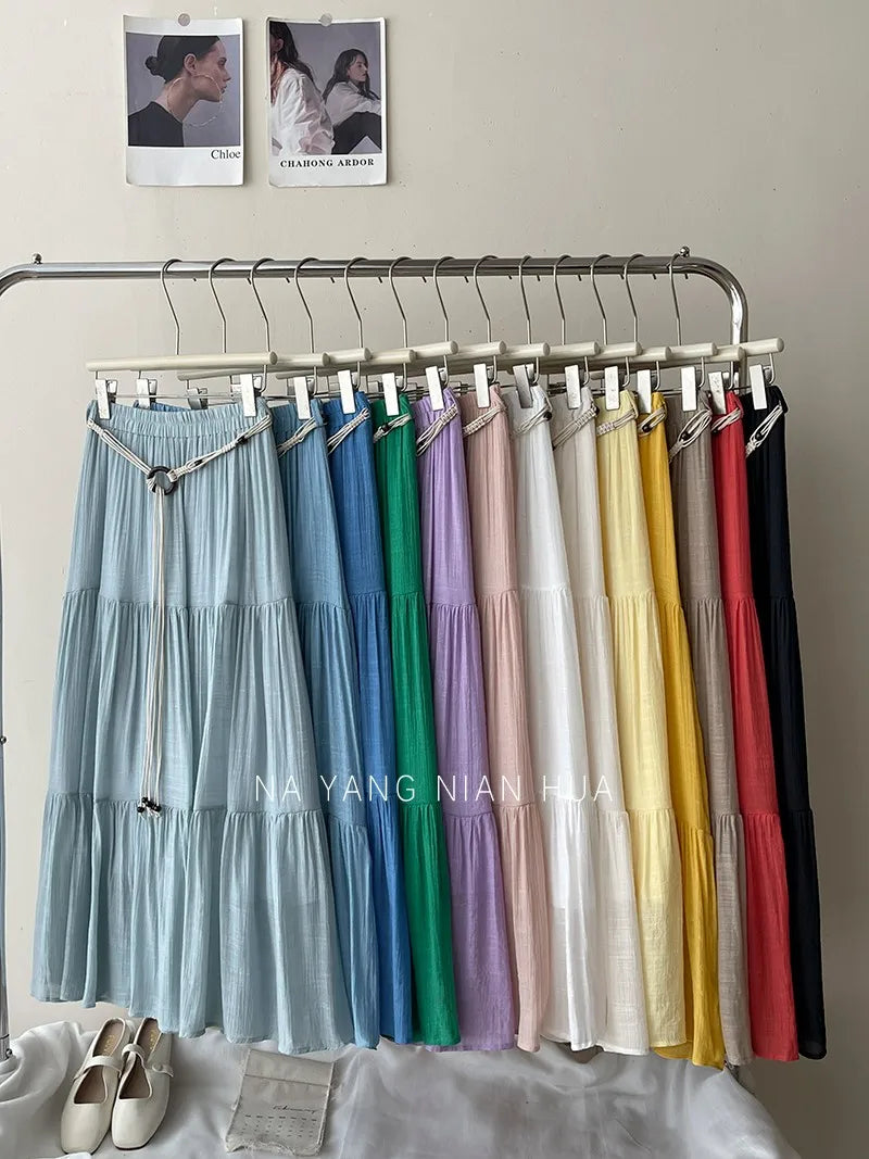 Beiyingni 2025 Summer French Women's Linen Cotton Maxi Skirts Casual Vintage Sashes Korean Long Cake Skirt Female Boho Vacation