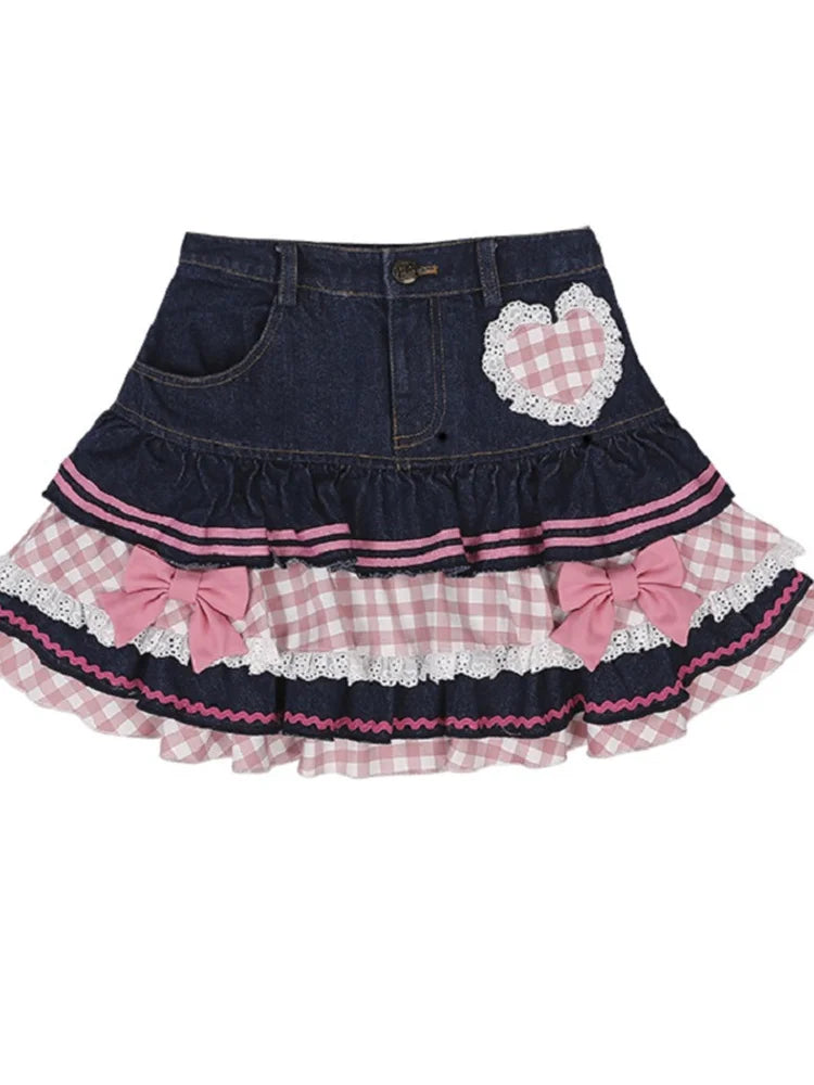 Japanese Sweet Lolita Mini Skirts Ball Gown Women Harajuku Cute Denim Skirt Preppy Style Girls High Waist Kawaii Lace Cake Skirt