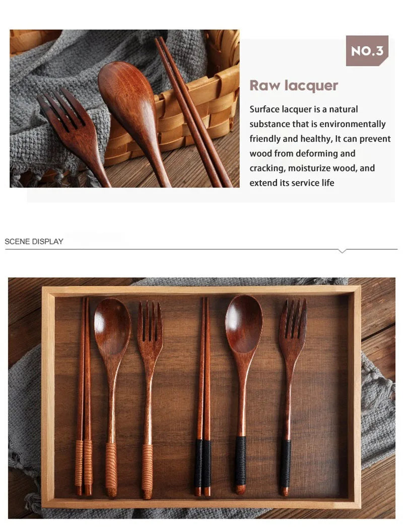 3Pcs Japanese Wooden Reusable Sushi Chopsticks Spoon Cutlery Set Non-slip Travel Dinnerware Suit Tableware Kitchen Tools