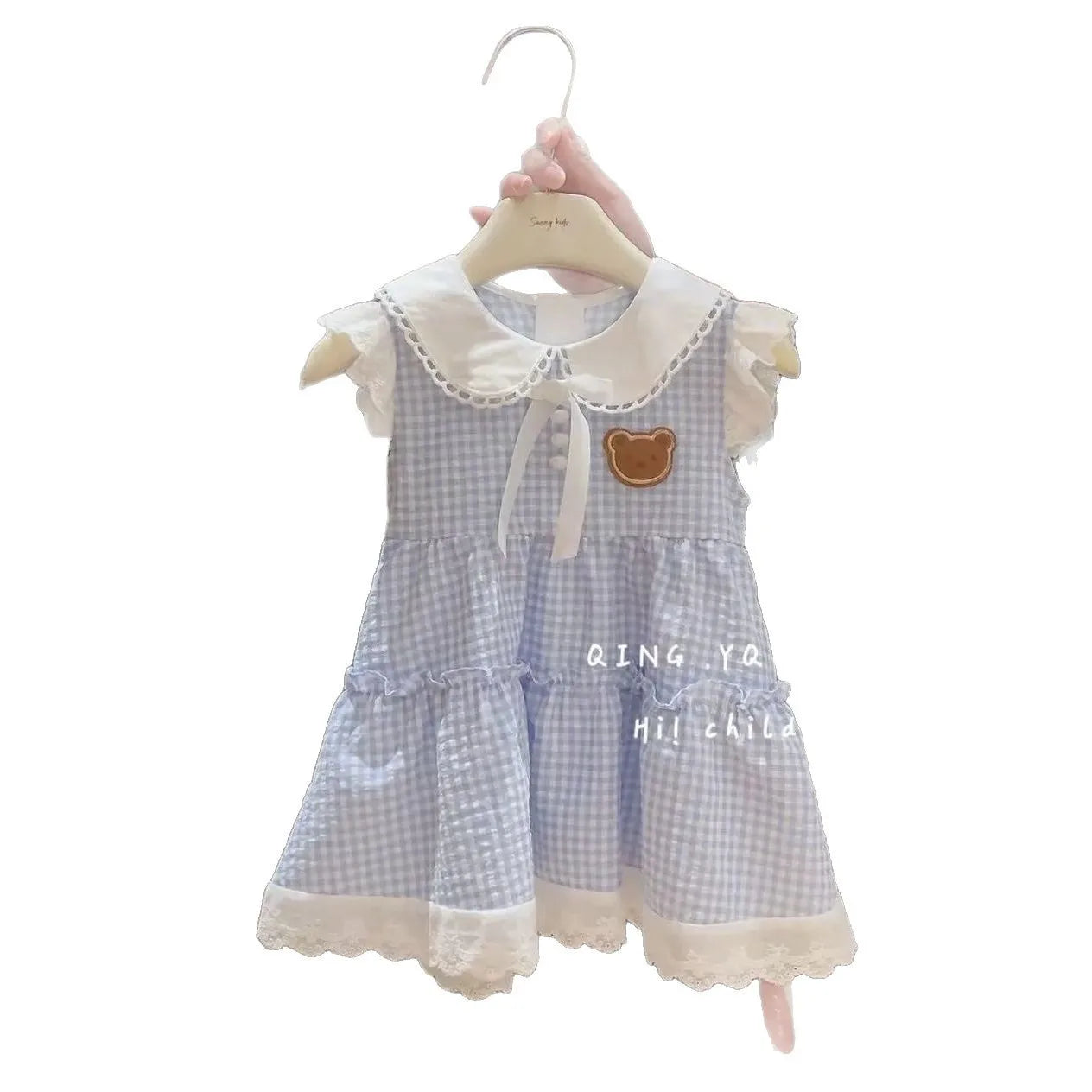 Somenie Girls Summer Home Dresses Kids Fashion Plaid Daily Casual Dress Cute Embroidery Bear Label Baby Outing Clothes