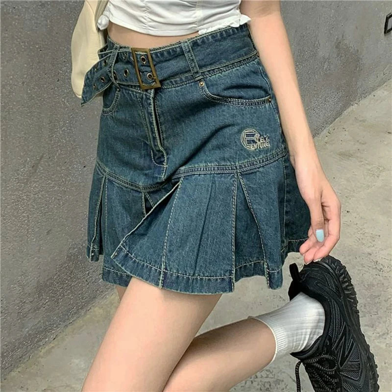 Korean Blue Denim Skirt Women Harajuku Y2K Pleated Mini Skirt Street Vintage Preppy Style High Waisted Embroidery Skirt
