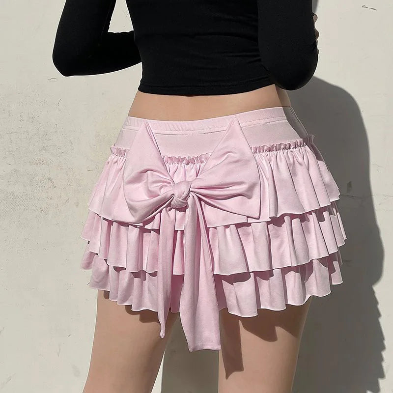Pink Ruffled Mini Skirt Women Fashion Sexy Bow Pleated Skirt Casual Layered Sweet Preppy Style Summer Hot Skirt.