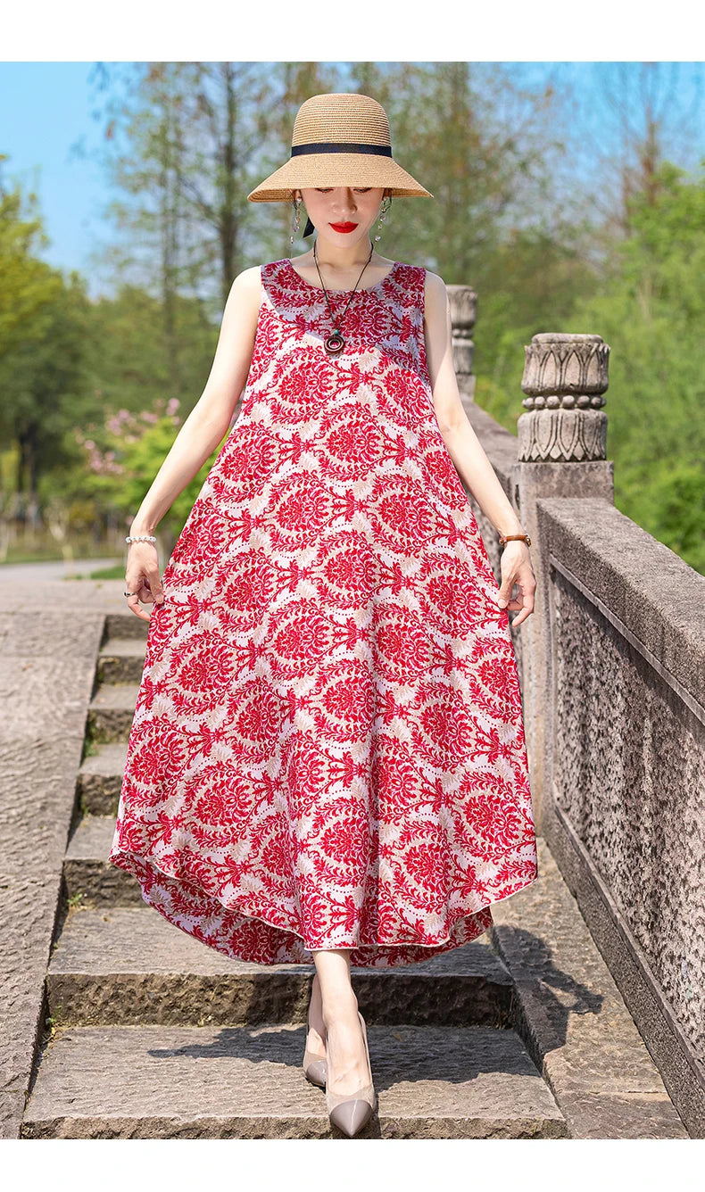 New Women Summer Dresses Vintage Dress FashionRobe Plus Size Sleeveless Femme Casual Print Dresses
