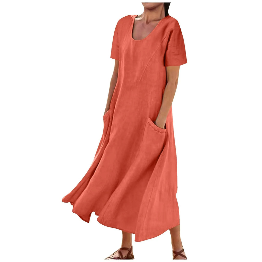 Women Solid Cotton Linen Round Neck Short Sleeve Loose Flowy Maxi Dress EU US Gown