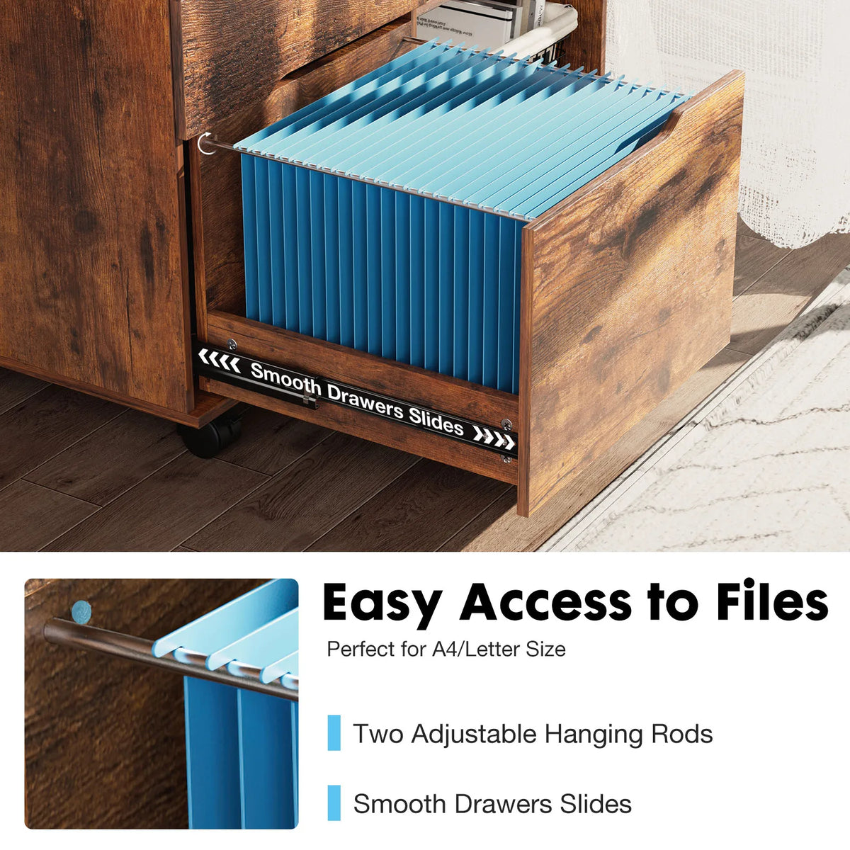 MCQ Living Room 3 Drawers Wooden Mobile Cabinet Chest Dressers Nightstand Storage Cabinet Organizer Rolling Display Furniture