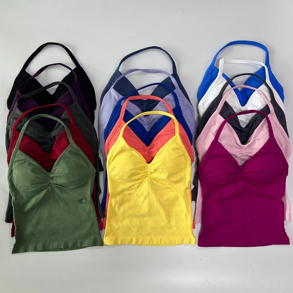 No Logo Longline Strappy Top Women Seamless Yoga Tank Tops Buit-in Bra Ruched Backless Gym Clothes Sleeveless Shirt Workout Top