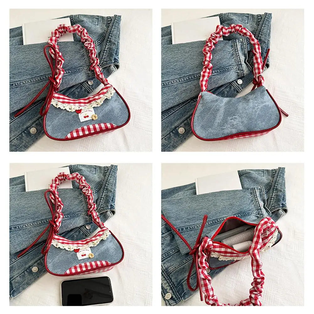 Fashion Grid Women Bag Lace Ribbon Stretchable Shoulder Strap Single Shoulder Underarm Bag Daily Commuting Student Handbag