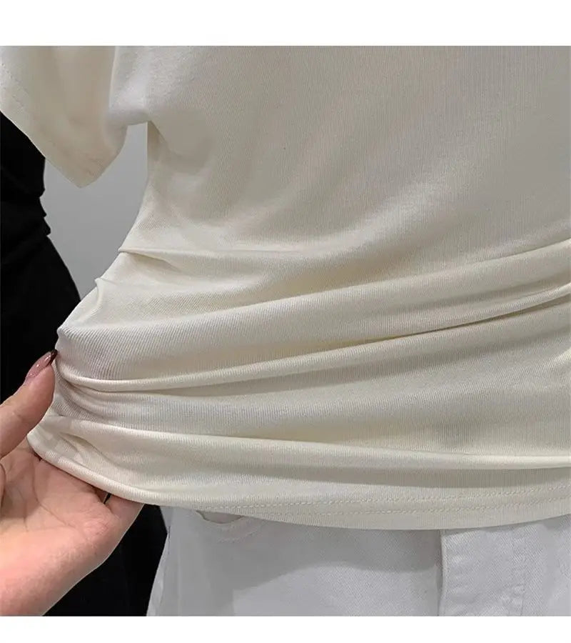 Summer One Shoulder Black Women's T-shirt Short Sleeve Korean Style Slimming Top Exposed Shoulder Fashionable