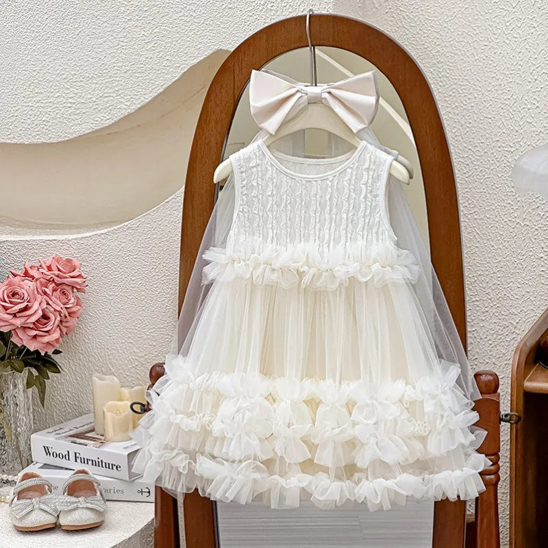 New Summer Baby Girls Sleeveless Tulle Princess Party Dress Layered Ruffle Fluffy Tutu with Large Back Bow Party Wedding P2516