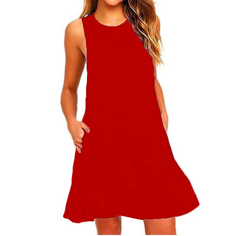 Women's Summer Casual Tank Dress with Pockets   Beach Cover-Up   Plus-Size Loose T-Shirt Dress