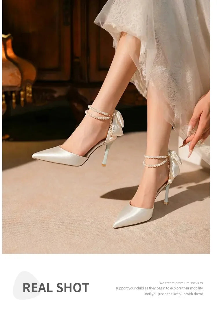 Plus 33-42 Pearl Ankle Strap Bow Heels Stiletto High Heels Women Pumps Wedding Shoes Bride Ladies Party Prom Closed-toe Sandals