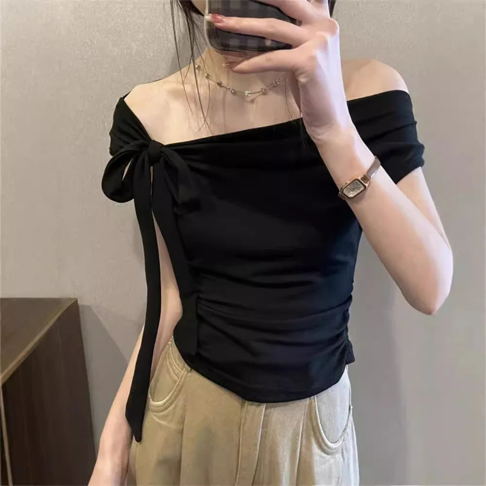 Sexy Spice Girl Shoulder Short Tshirt Women's Strap Slit Cleanfit Style Ladies' T-shirt Linen Fabric A-line Sleeve Other Mate...