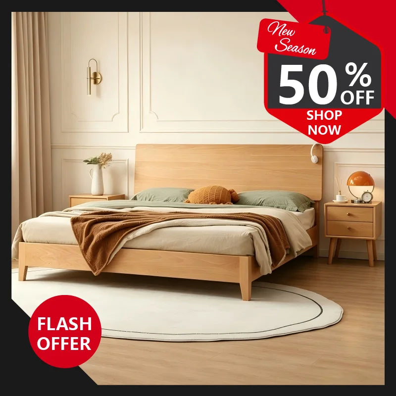 Japandi Beech Solid Wood Bed With Headboard, Japanese Log Low Bed Frame, Single Double Platform Bed For Small Bedroom Furniture