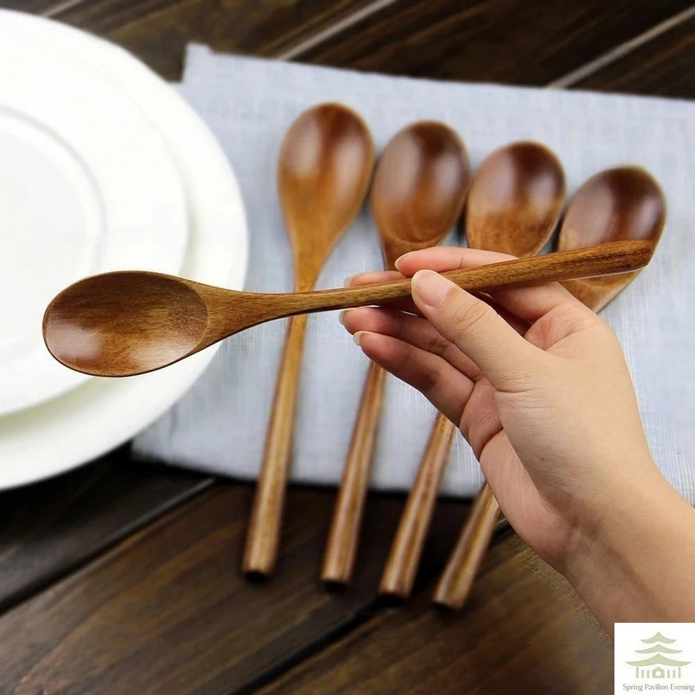 5 Pieces Wooden Spoon Soup Spoon and Fork Tableware Natural Ellipse Ladle Spoon Set Eco Friendly Products Spoons for Cooking