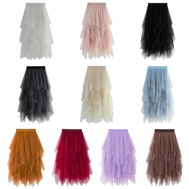 Solid Color A-Line Tulle Skirts for Women Girls Mesh Layered Skirt Summer High Elastic Waist Party Skirt Beach Club Fairy Skirts