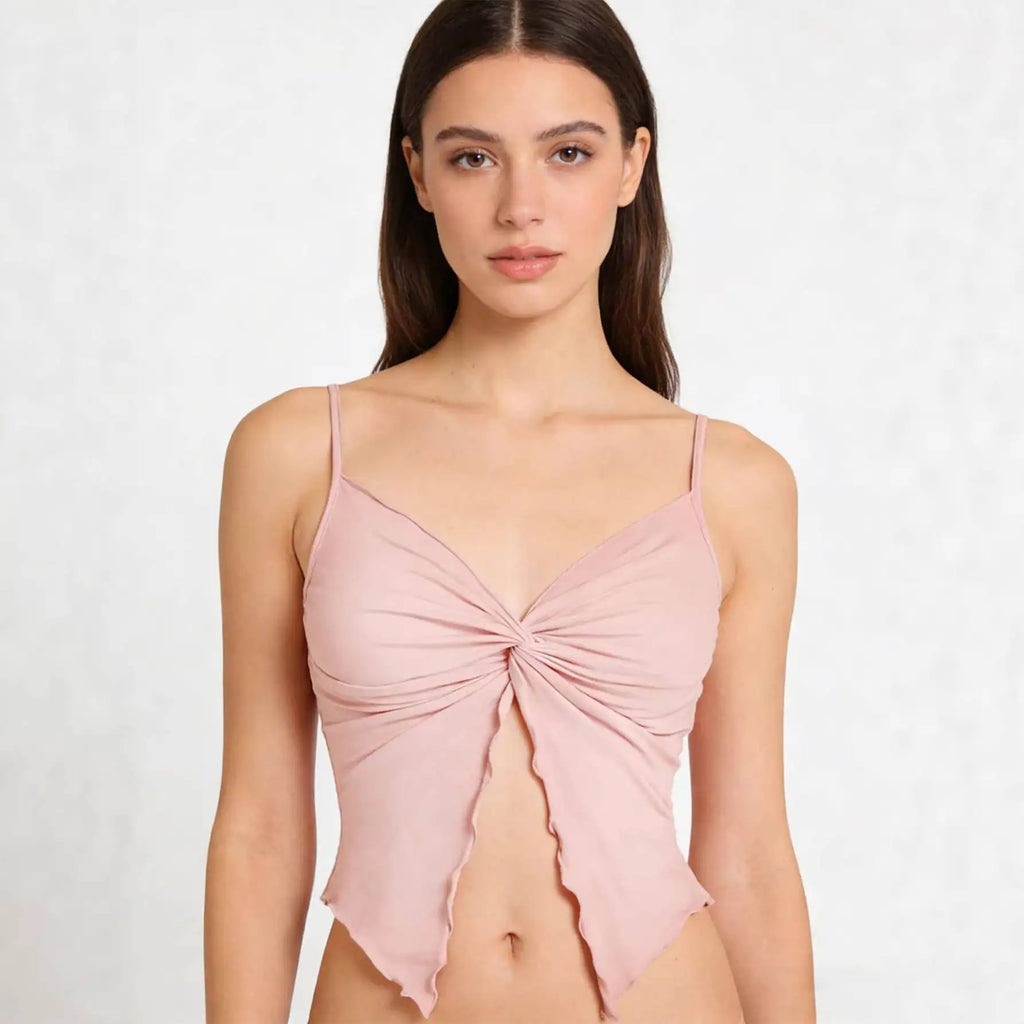 Street Style  Knot Pink Crop Top Women's Fashionable Outerwear Vest Polyester Fiber Summer Collection