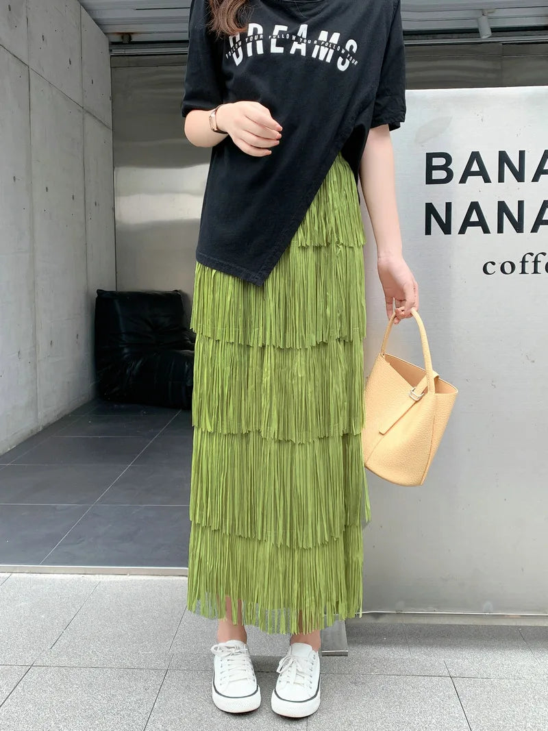 Luxury Multi Solid Colors Pleated Skirt for Women's Large Hem Folds A-line Skirts Female 2025 Loose Fashion Skirts Casual 0666