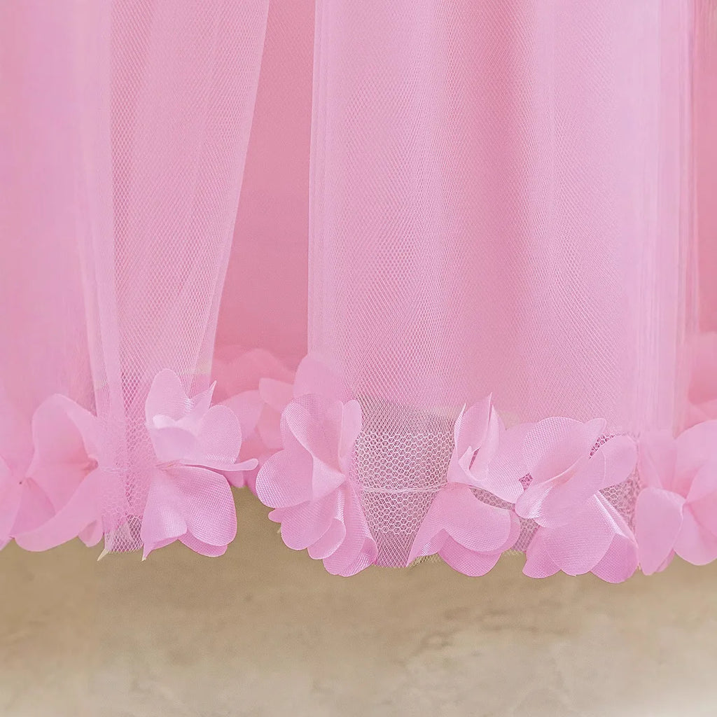 HETISO Summer Children Girls Petals Princess Dress Kids Flower Mesh Costumes Gown for New Year Holiday Party 3-10 Years