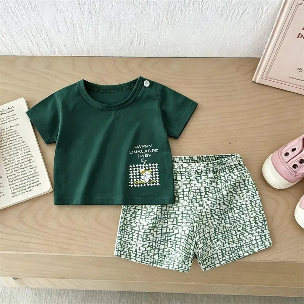 Boys Cartoon Outfit Set 2 Piece Short Sleeve Tee And Shorts Cute Summer Wear For Kids