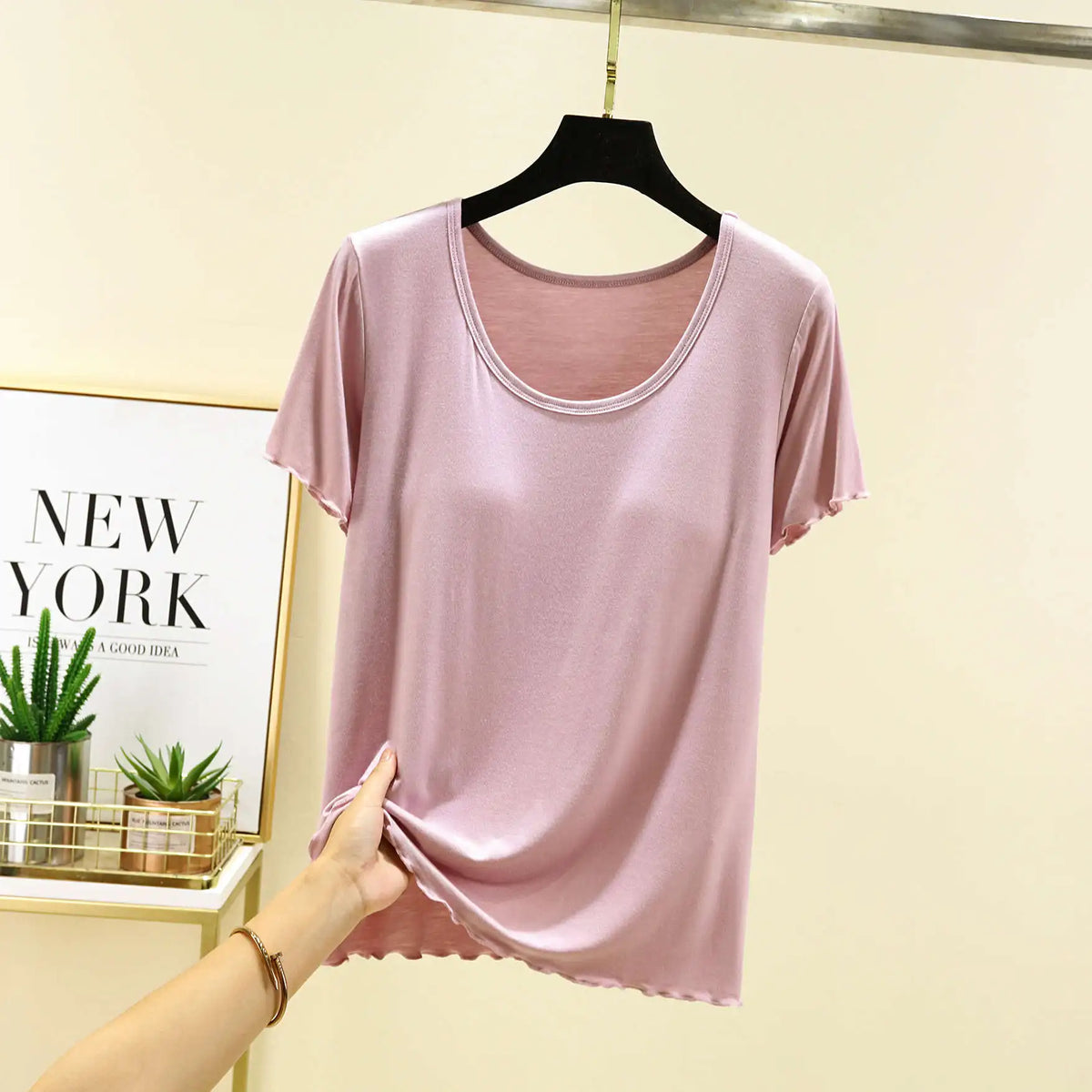 Modal No- Bra T-Shirt One-Piece Short Sleeve Women Summer Wear Casual Solid Color Base Layer Outdoor Wear round Neck T-Shirt