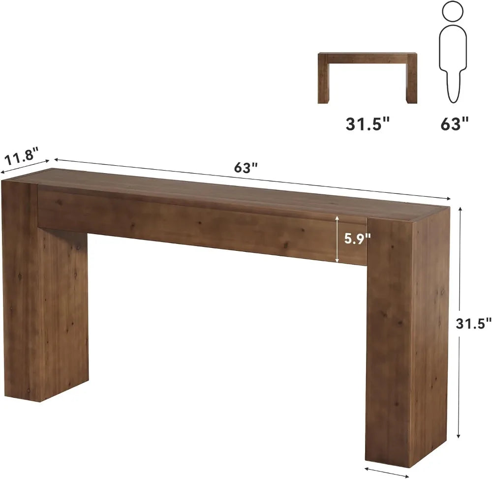 Solid Wood Console Table, 63in Farmhouse Sofa Table for Entryway, Living Room, Easy Assembly, Walnut