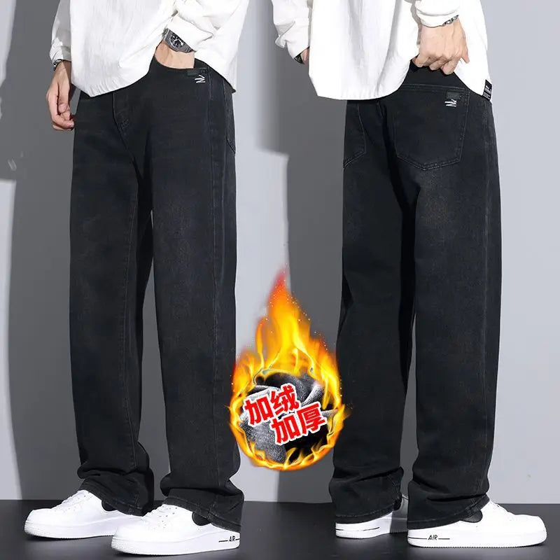 Men's Loose Straight Fit Jeans - Black Elastic Wide Leg Casual