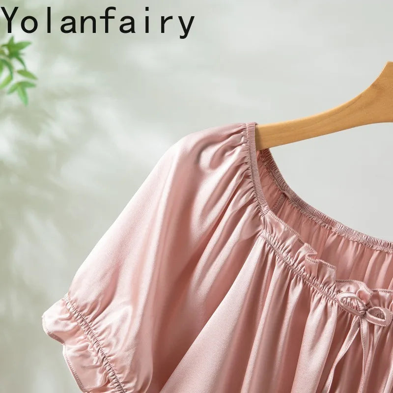 YOLANFAIRY 93% Real Mulberry Silk Pajamas for Woman 2026 Spring Summer High-end Sets Woman 2 Piece Short Sleeve Pijamas De Mujer