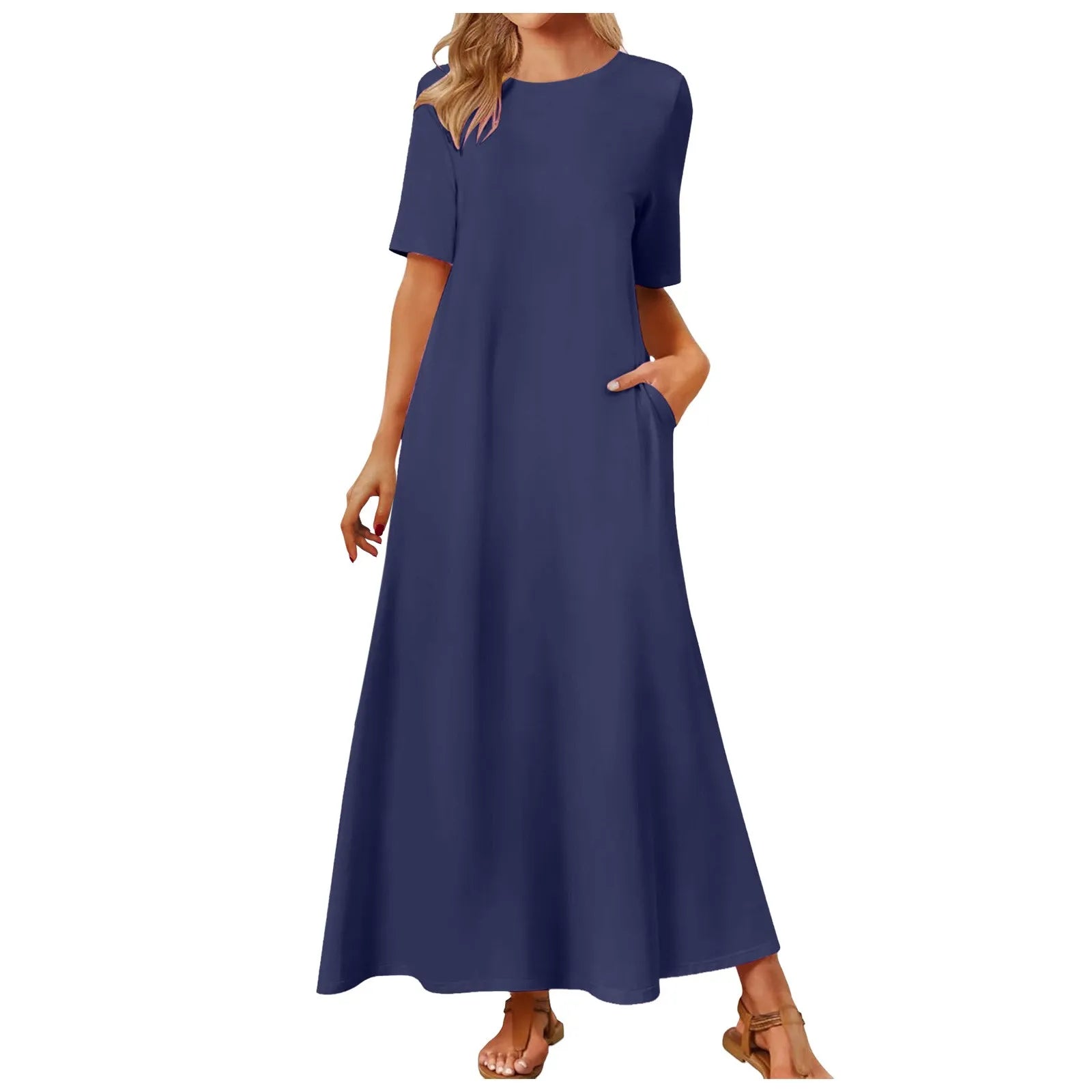 Women's Elegant Slim Fit Maxi Dresses Solid Short Sleeve O Neck With Pockets Ankle Length Dresses Casual Beach Holiday Dresses