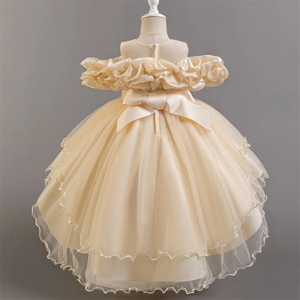 Fashion Pink Flower Girl Party Dresses Wedding Birthday Tulle Princess Dress for Kids Graduation Pageant Bridesmaid Kids Costume