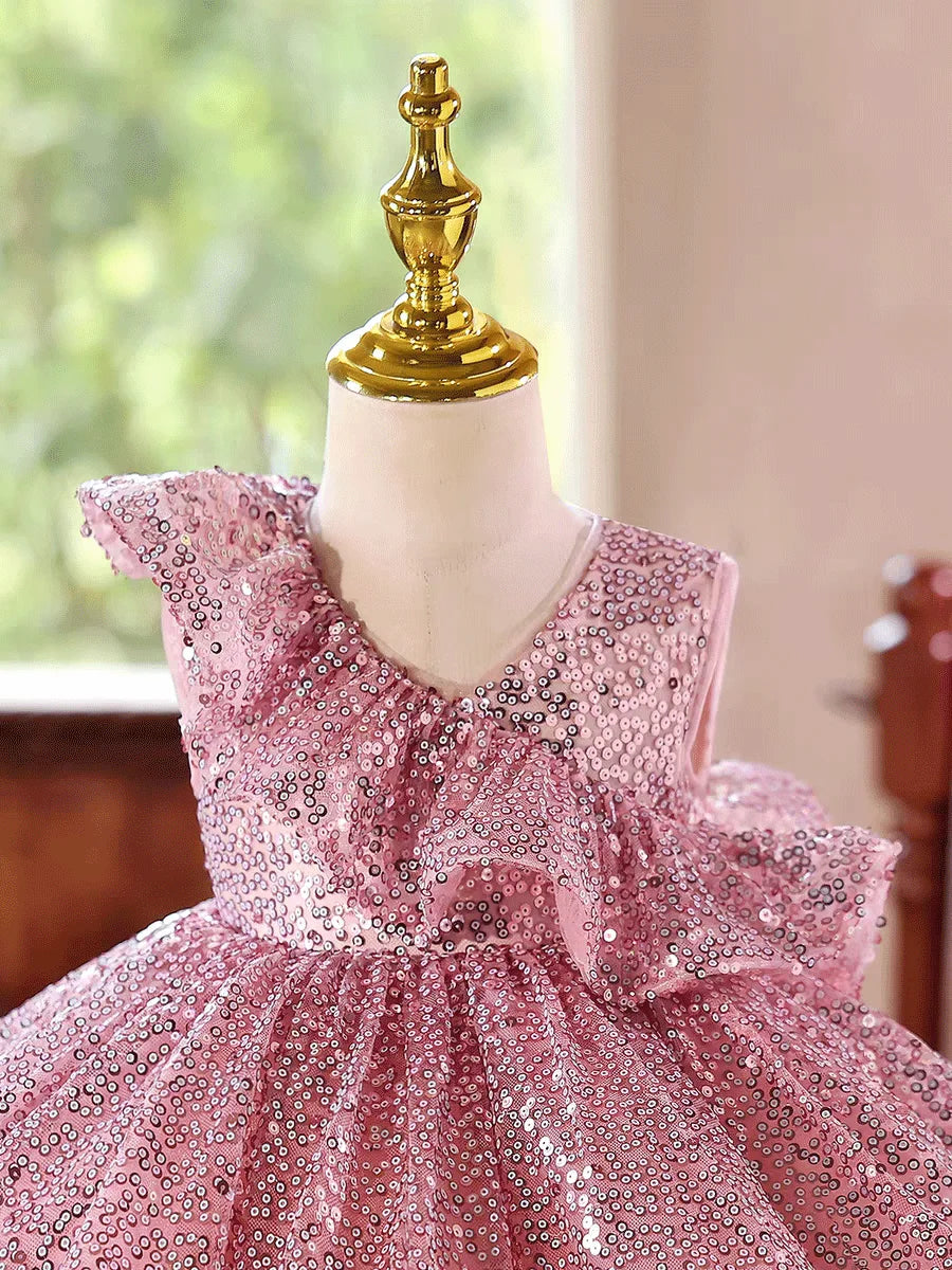 Dreamy Vow D246 Kids Pink Sparkle Flower Girls Dress Ruffle Waist Full Sequin Dress Child Pageant Gown Wedding Birthday Party