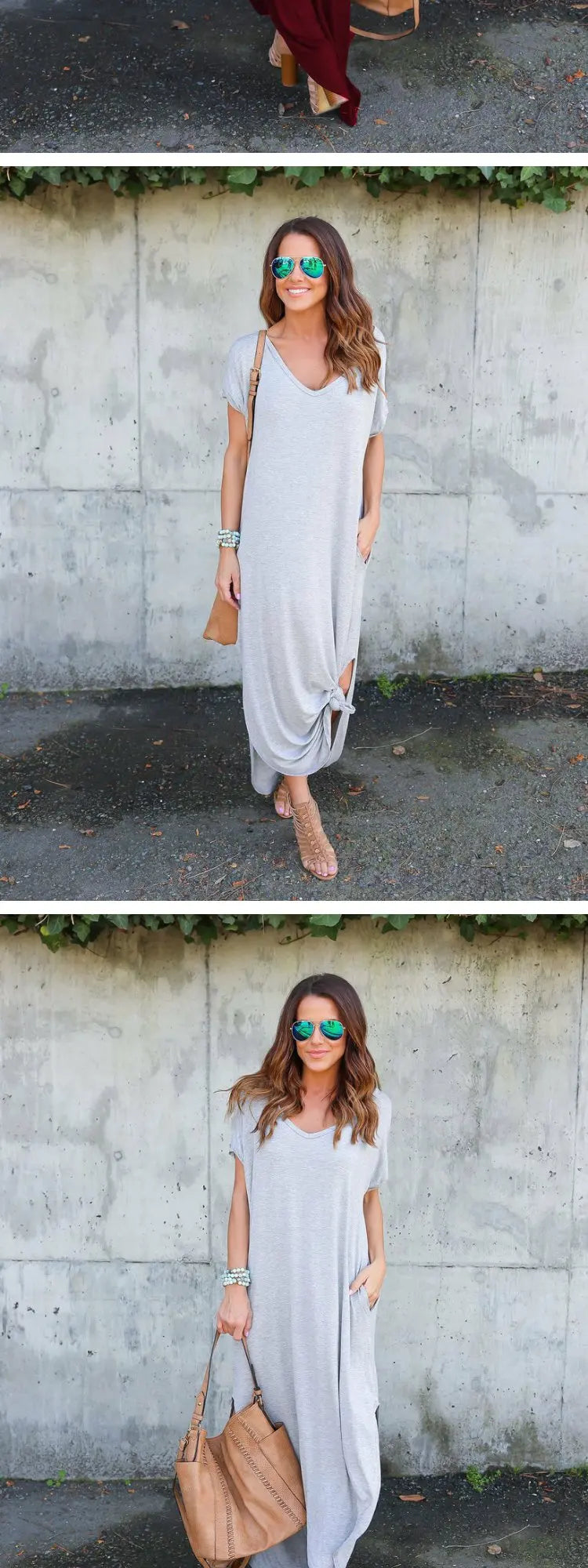 Pure Color Splice Short Sleeve V-Neck Slit Long Dress Loose Fit Women's Summer Cotton Polyester Maxi Dress Citywalk