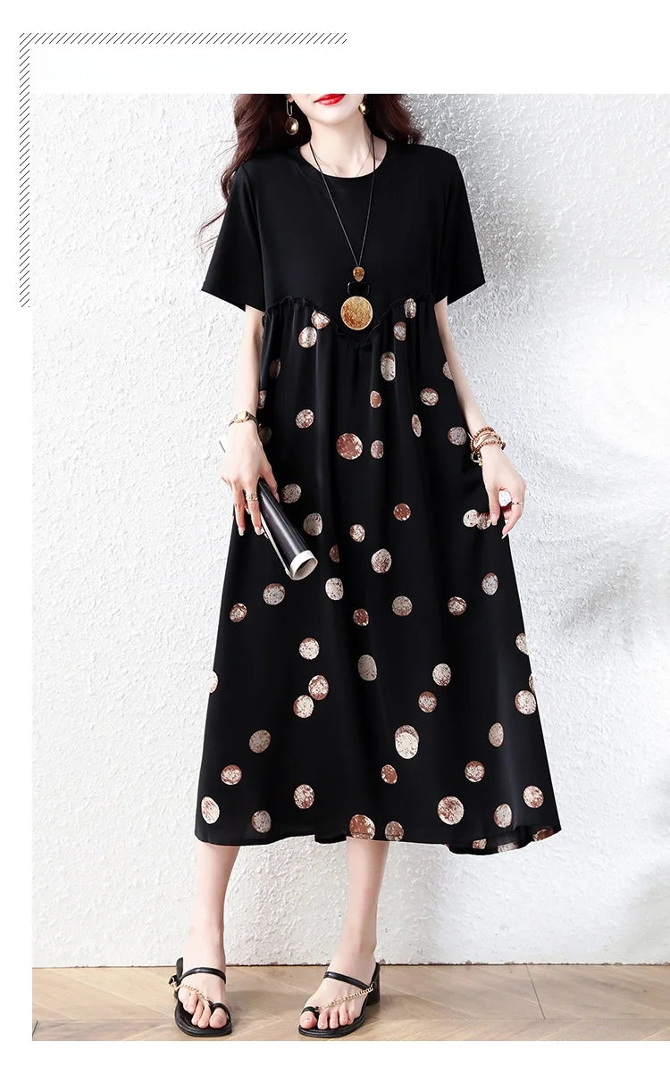 Summer New plus Size Polka Dot Dress Color Block Loose Fitting Slimming Effect Casual Commute Style Women's Dress