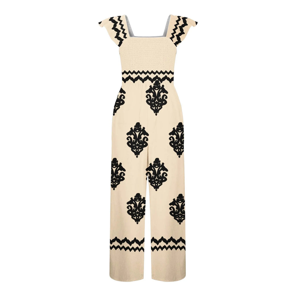 Womens Beach Vacation Tight Jumpsuits Boho Retro Print Cap Sleeve High Waist Wide Leg Romper With Casual Jumpsuits With Pockets