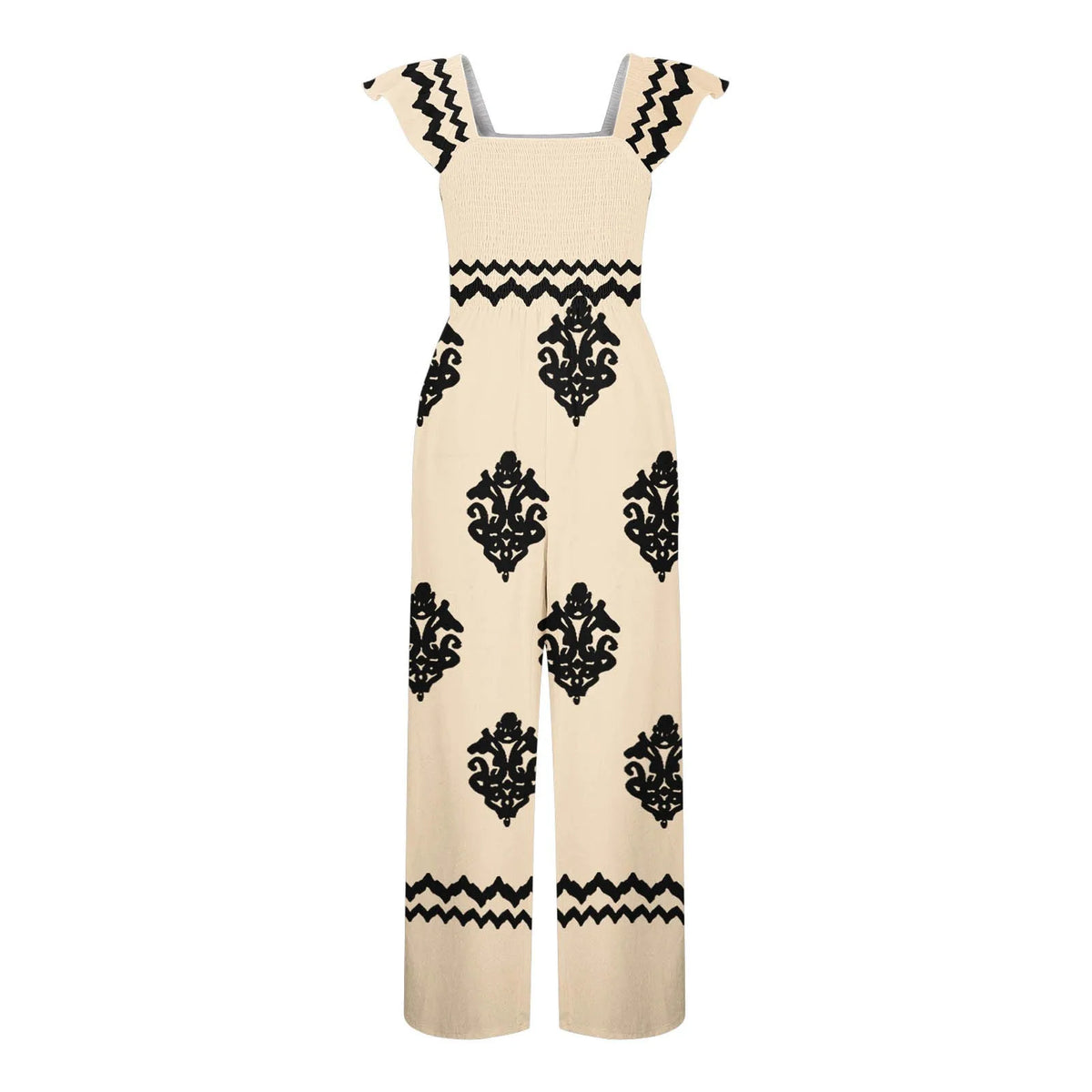 Womens Beach Vacation Tight Jumpsuits Boho Retro Print Cap Sleeve High Waist Wide Leg Romper With Casual Jumpsuits With Pockets