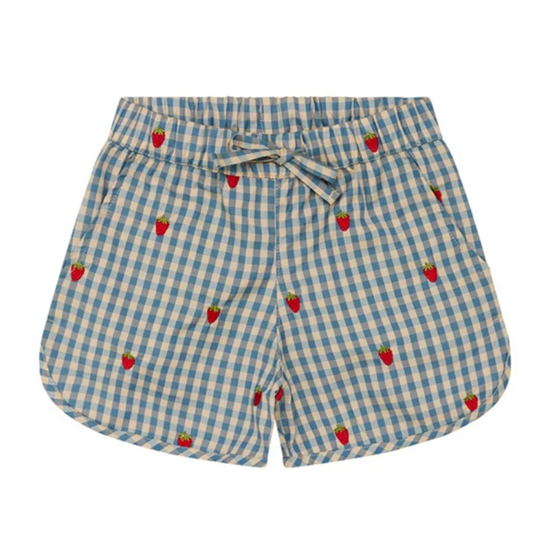 Girls Plaid Strawberry Cotton Dress & Shorts Set | Summer Outfit