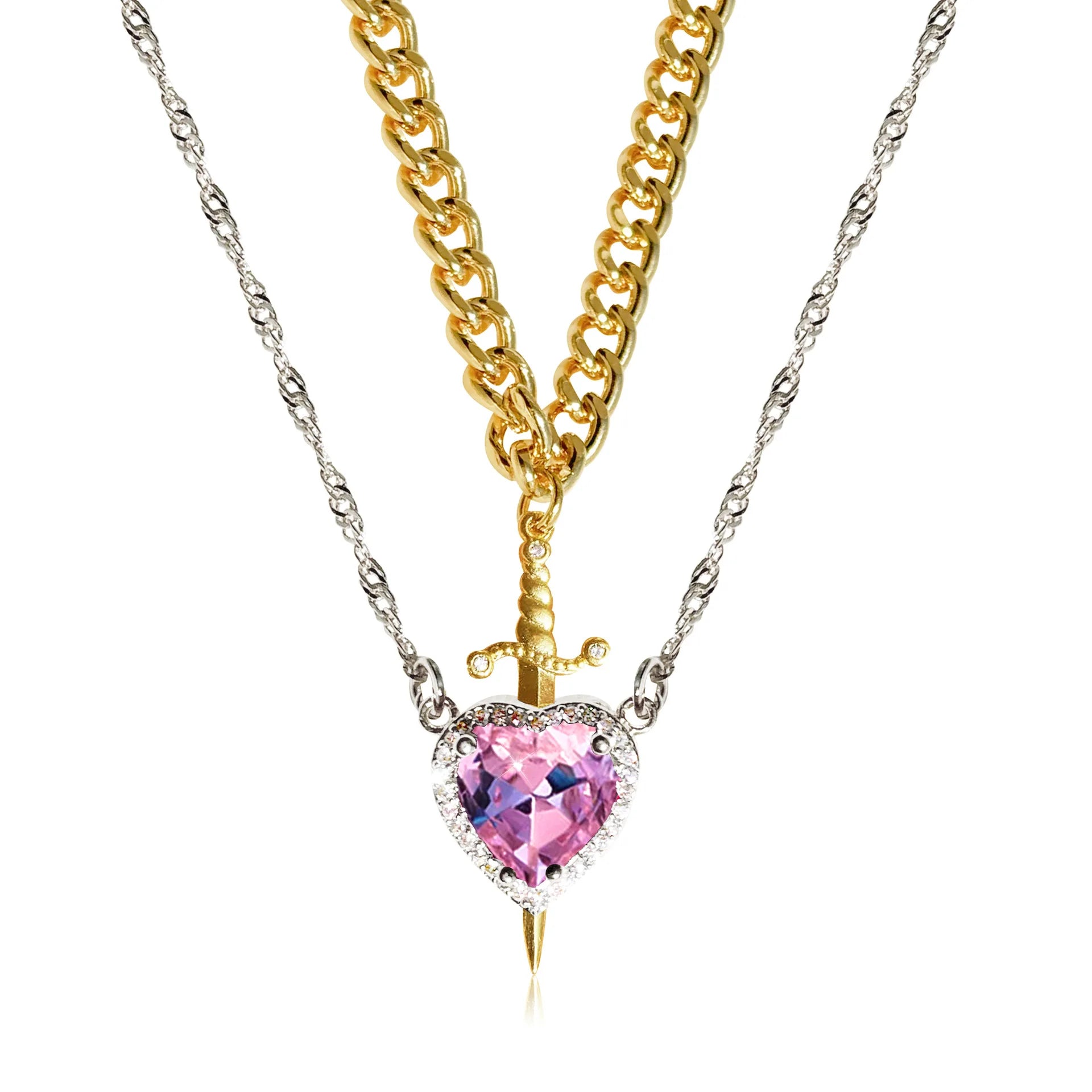 Heart and Sword Necklace Couple Necklaces Zircon Crystal Ring Bracelet Necklace Jewelry Set for Romantic Valentine's Day Gifts