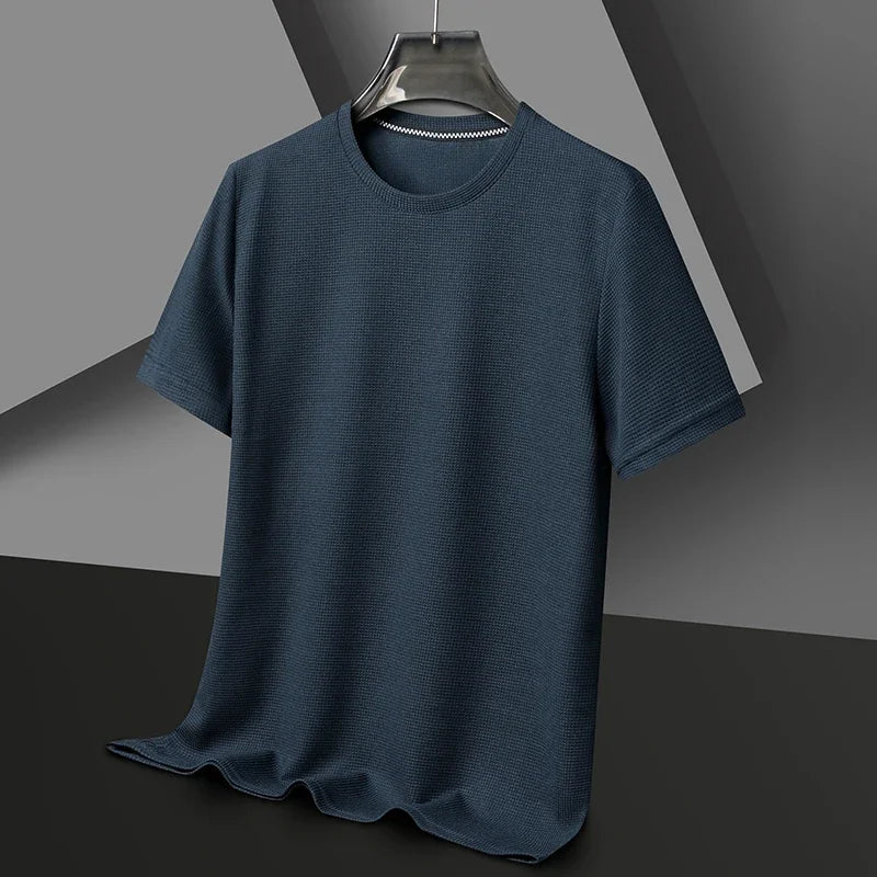New Summer Waffle Round Neck Short Sleeved T-Shirt For Men'S Short Sleeved Top
