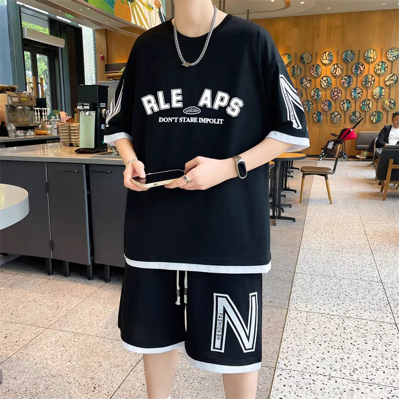 Summer Men'S Large Suit S-6Xl New Trendy Two Piece Set Korean High Street Fashion T-Shirt Shorts Tracksuits Designer Clothes Men